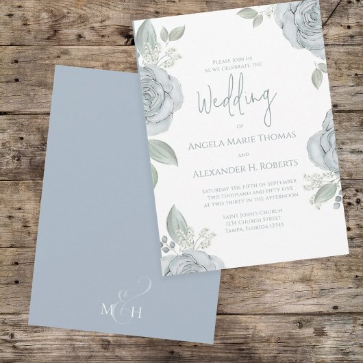 Invitation Elégante Florale Dusty Bleu Classique Fleurs Roses