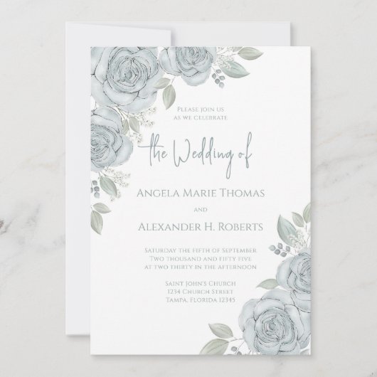 Invitation Elégante Florale Dusty Bleu Classique Fleurs Roses (Devant)
