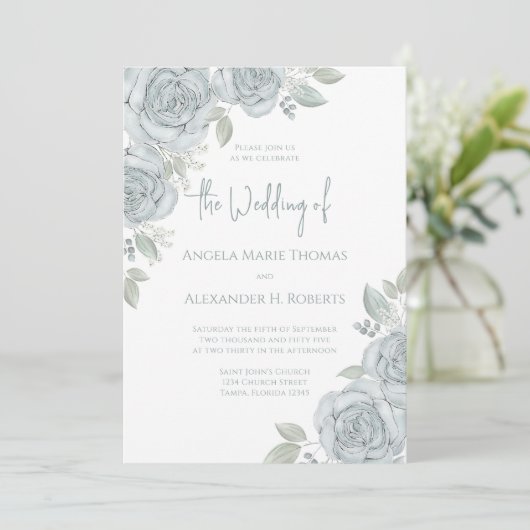 Invitation Elégante Florale Dusty Bleu Classique Fleurs Roses (Debout devant)