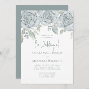 Invitation Elégante Florale Dusty Bleu Classique Fleurs Roses