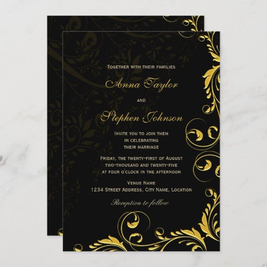 Invitation Élégante Florale Or (Devant / Derrière)