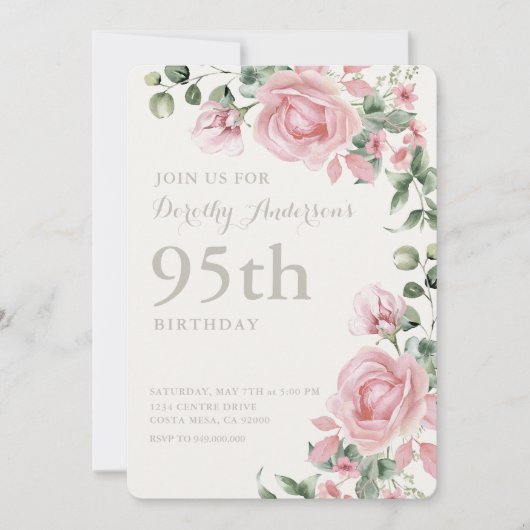 Invitation Élégante florale rose 95e BIrthday Party (Devant)
