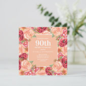 Invitation Élégante Florale rose rouge 90e fête d'anniversair (Debout devant)