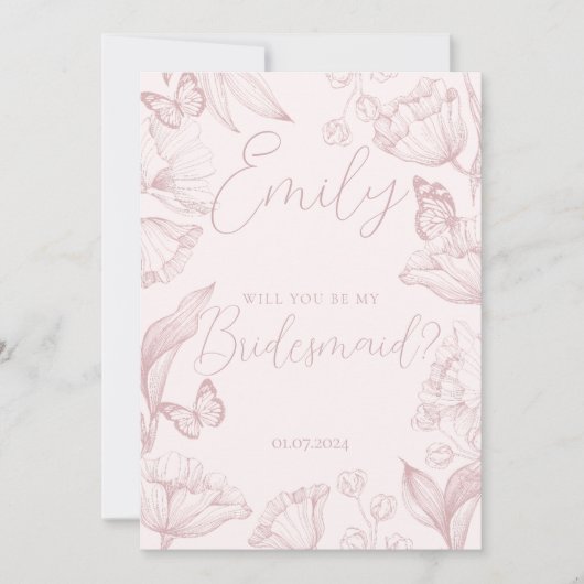 Invitation Élégante florale rose serez-vous ma demoiselle d'h (Devant)