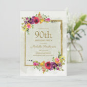 Invitation Elégante florale Vintage femme 90e anniversaire (Debout devant)