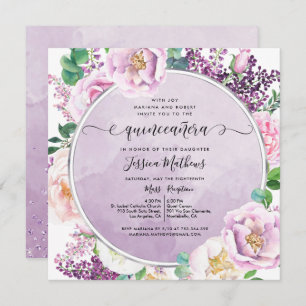 Invitation Élégante florale violette, aquarelle Quinceañera