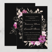 Invitation Élégante florale violette rose sur Mariage noir (Devant / Derrière)