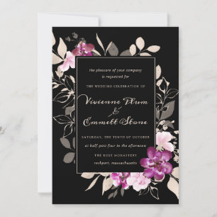 Invitation Élégante florale violette rose sur Mariage noir