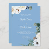 Invitation Elégante Flore blanche avec Mariage bleu vert (Devant / Derrière)