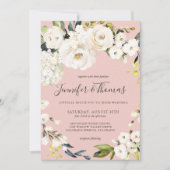 Invitation Élégante Flore blanche sur Mariage rose pâle (Devant)