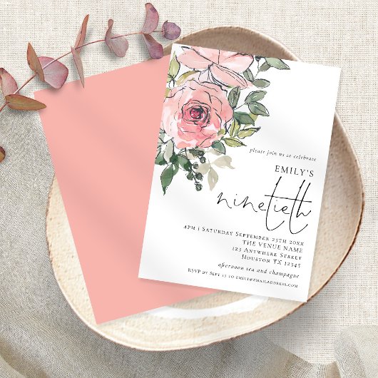Invitation Élégante Flore Blush Ninetieth Anniversaire