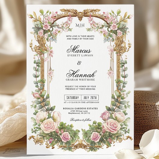 Invitation Élégante Flore rose et Eucalyptus vert