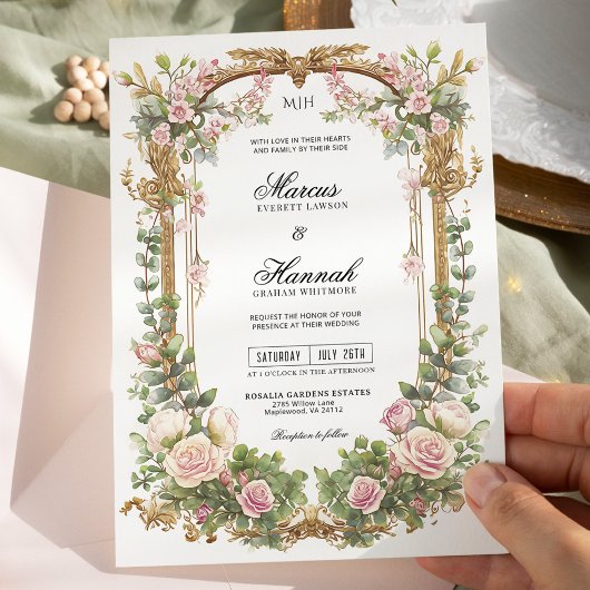 Invitation Élégante Flore rose et Eucalyptus vert