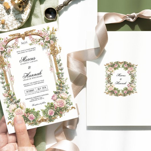 Invitation Élégante Flore rose et Eucalyptus vert