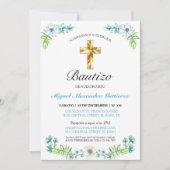 Invitation Elegante Flores y Cruz Para Niño Bautizo (Devant)