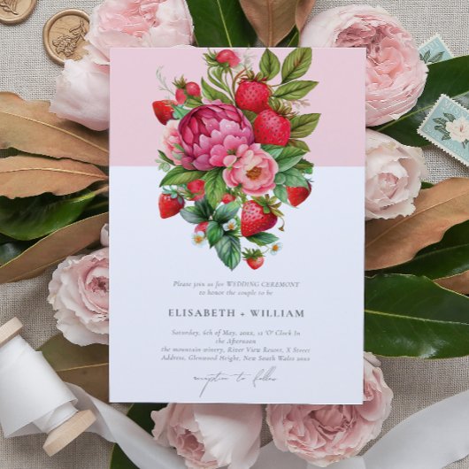 Invitation Elégante fraise et pivoines Mariage d'été