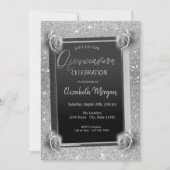 Invitation Elégante Frame Fleurs Argent, Rose Quinceañera (Devant)
