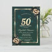 Invitation Elégante Frame Or Flower Stars Green 50th (Debout devant)