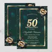 Invitation Elégante Frame Or Flower Stars Green 50th (Devant / Derrière)