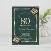 Invitation Elégante Frame Or Flower Stars Green 80th (Debout devant)