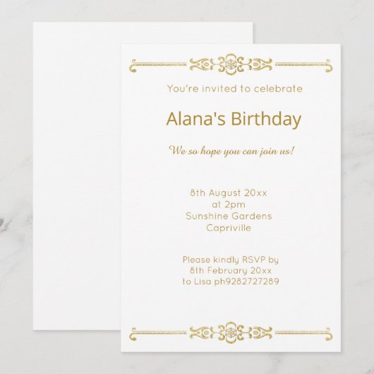 Invitation ELÉGANTE FRONTIÈRE D'OR blanc MODERNE (Devant / Derrière)