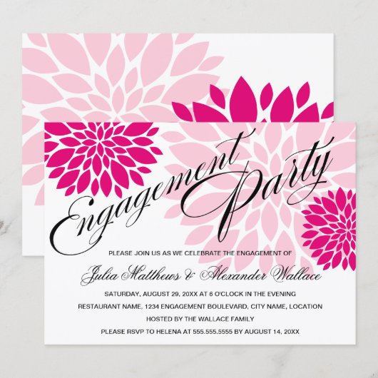Invitation Élégante Fuchsia Pink Floral Burst Party (Devant / Derrière)