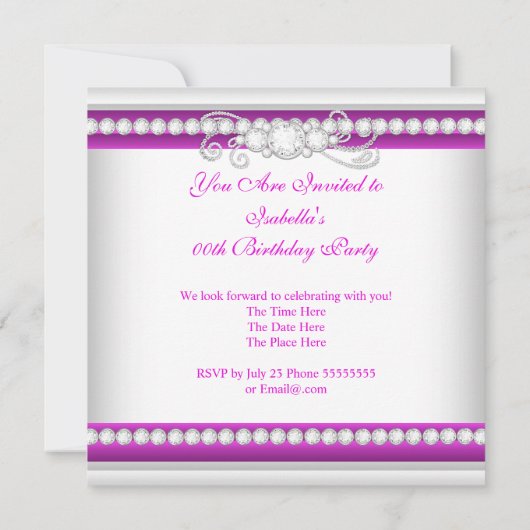 Invitation Elégante Fuchsia rose Silver Diamond fête d'annive (Dos)