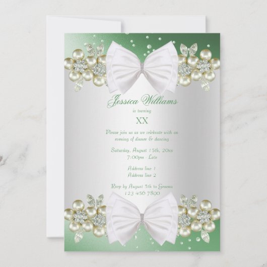 Invitation Elégante Gemmes & Bow Green Anniversaire (Devant)
