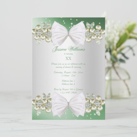 Invitation Elégante Gemmes & Bow Green Anniversaire (Debout devant)