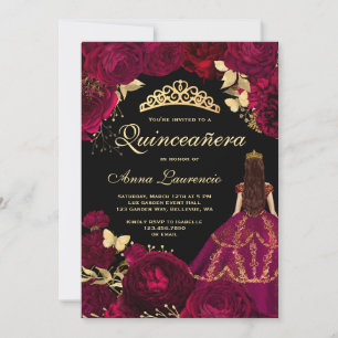 Invitation Elégante Glam Black Gold Bourgogne Quinceanera