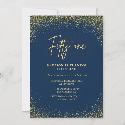 Invitation Élégante Glam Navy Gold Parties scintillant 51e an (Devant)