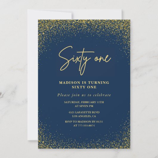 Invitation Élégante Glam Navy Gold Parties scintillant 61e an (Devant)