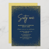 Invitation Élégante Glam Navy Gold Parties scintillant 61e an (Devant / Derrière)