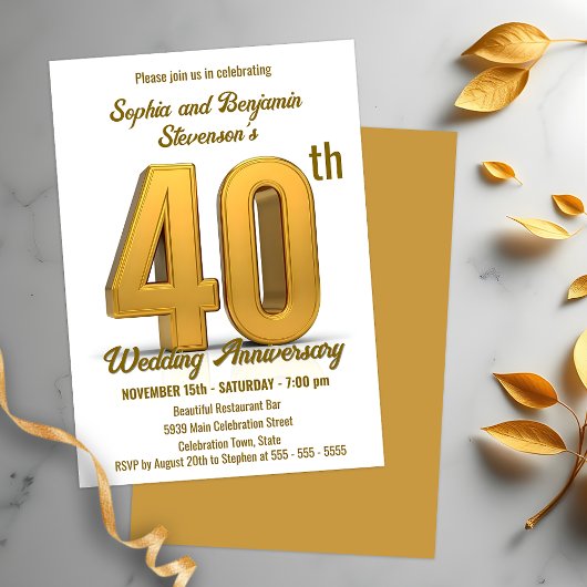 Invitation Elégante Gold 40e anniversaire Mariage