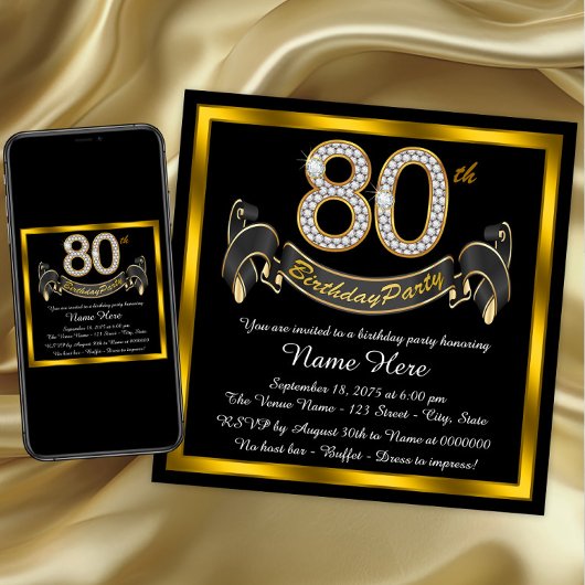 Invitation Elégante Gold 80th Birthday Party