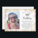 Invitation Elégante Gold 90th Birthday Party<br><div class="desc">Cette élégante invitation 90th Birthday Party est parfaite pour tous ceux qui cherchent à trinquer à être 90 et encore fabuleux! Le design comprend une bordure de parties scintillant dorée glamour et une élégante typographie manuscrite. Téléchargez facilement votre propre photo et modifiez tous les détails en utilisant le modèle fourni....</div>