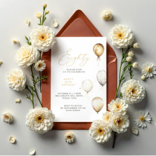 Invitation Elégante Gold Balloon 80e fête d'anniversaire