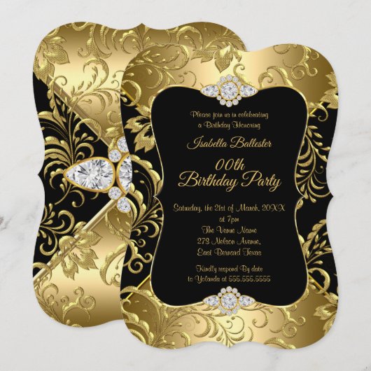 Invitation Elégante Gold Black Damask floral fête d'anniversa (Devant / Derrière)