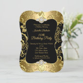 Invitation Elégante Gold Black Damask floral fête d'anniversa (Debout devant)