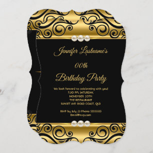 Invitation Elégante Gold Black Damask Pearl fête d'anniversai