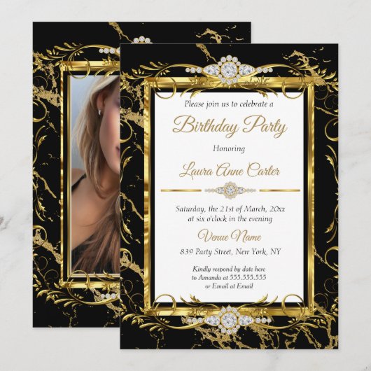 Invitation Elégante Gold Black Diamond Photo Anniversaire (Devant / Derrière)