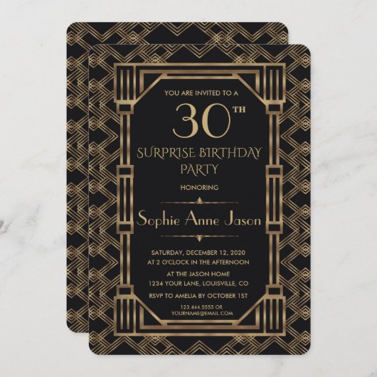 Invitation Elégante Gold Black Great Gatsby fête d'anniversai (Devant / Derrière)