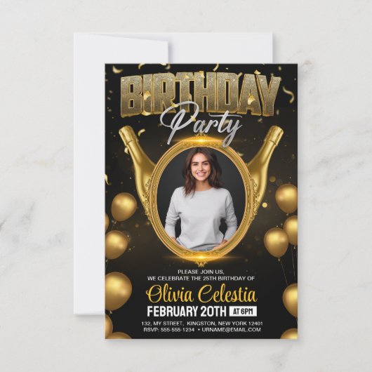 Invitation Elégante Gold & Black Modern Birthday Party Photo (Devant)