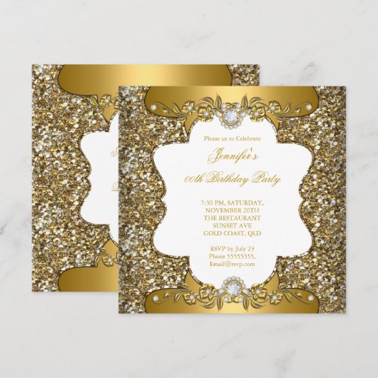 Invitation Elégante Gold Blanc Floral Diamond Party SQ (Devant / Derrière)