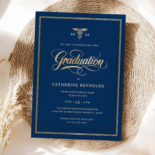 Invitation Élégante Gold Blue College Graduation Party
