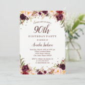 Invitation Elégante Gold Burgundy Floral 90e fête d'anniversa (Debout devant)