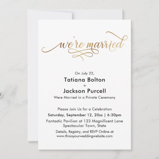 Invitation Elégante Gold Calligraphy Nous sommes mariés Récep (Devant)