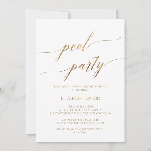 Invitation Elégante Gold Calligraphy Pool Party Anniversaire (Devant)