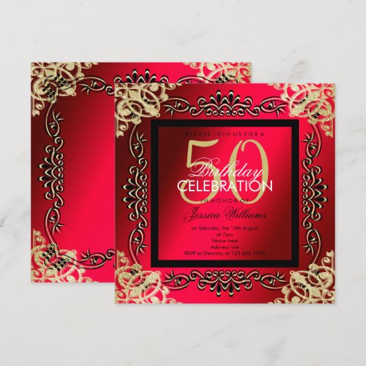 Invitation Elégante Gold & Cerise 50e anniversaire femme (Devant / Derrière)