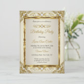 Invitation Elégante Gold Cream Pearl Damask fête d'anniversai (Debout devant)